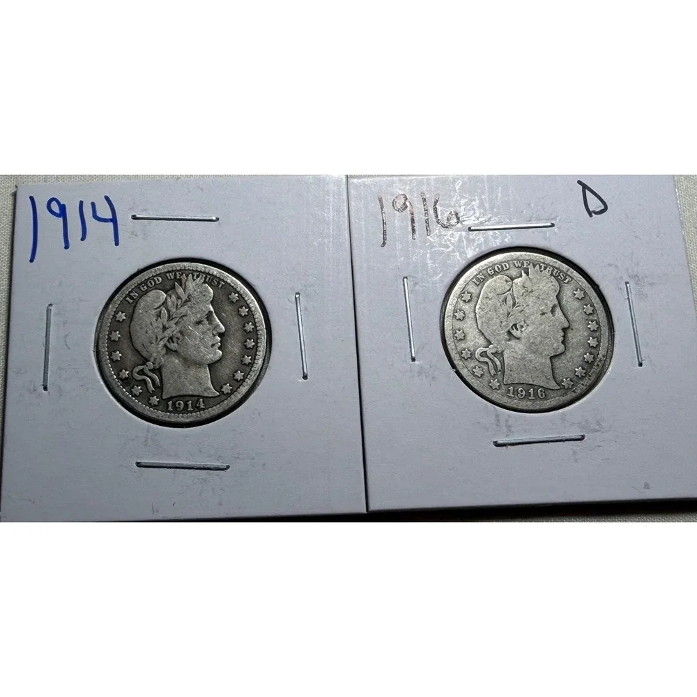 1914 & 1916-D Barber Quarter Dollar US Silver Coin Lot 2pc 90% Silver Junk S140
